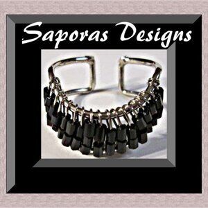 Silver Tone Handmade Ring Size 8.5 With Black Beads Native Ethnic Tribal Design